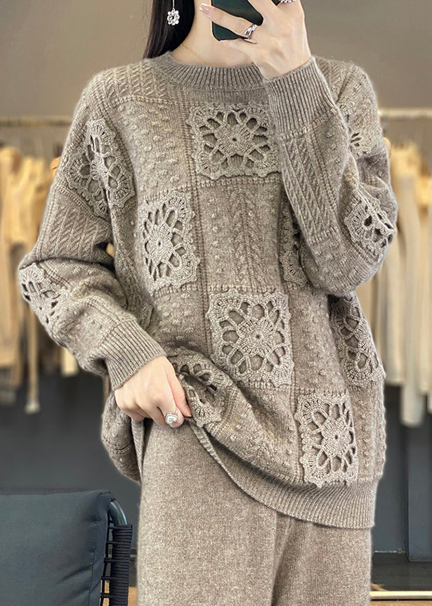 Camel O Neck Hollow Out Patchwork Wool Top Long Sleeve