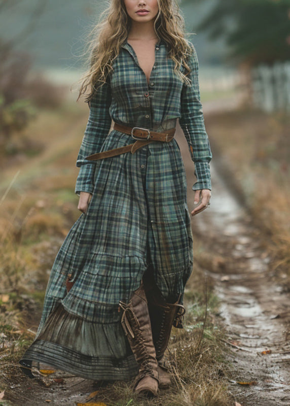 -green-v-neck-plaid-button-chiffon-long-dress-spring