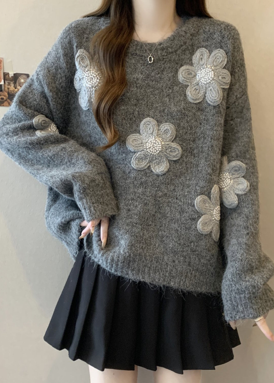 Simple Grey Oversized Knit Sweaters Winter
