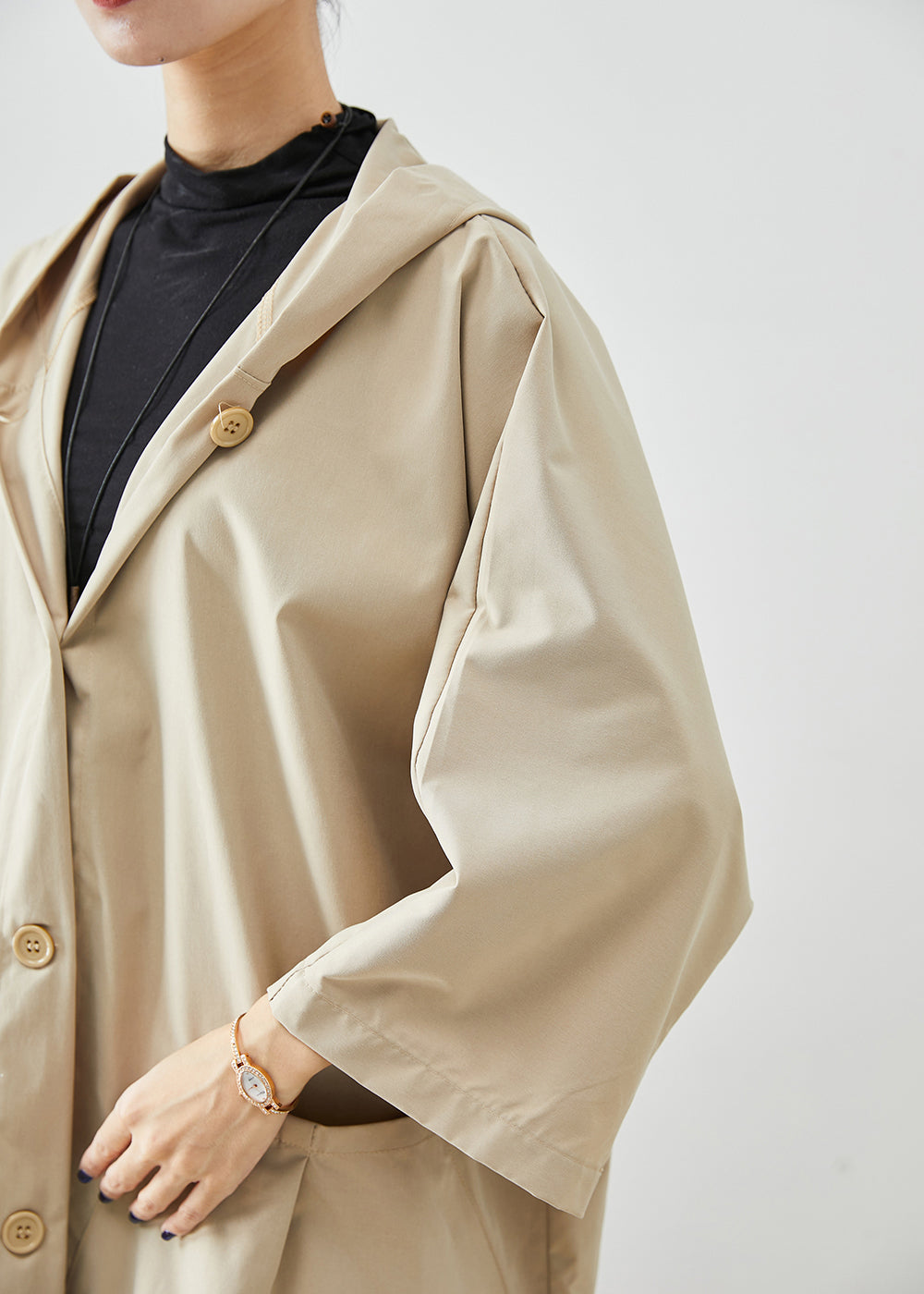 Beige Hooded Oversized Cotton Coats Batwing Sleeve