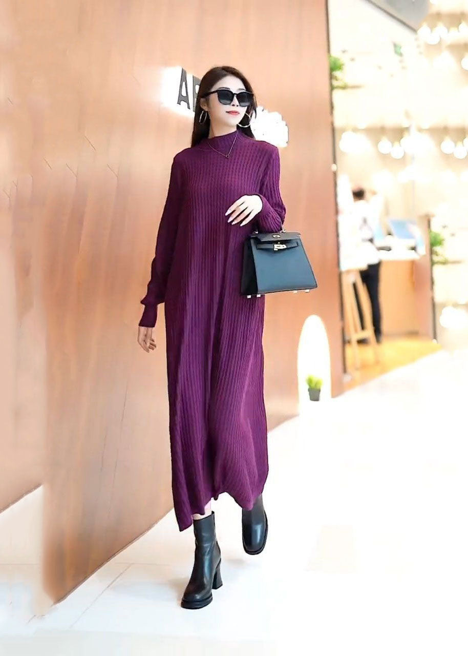 Classy Purple Stand Collar Color Knit Long Sweater Dress Spring