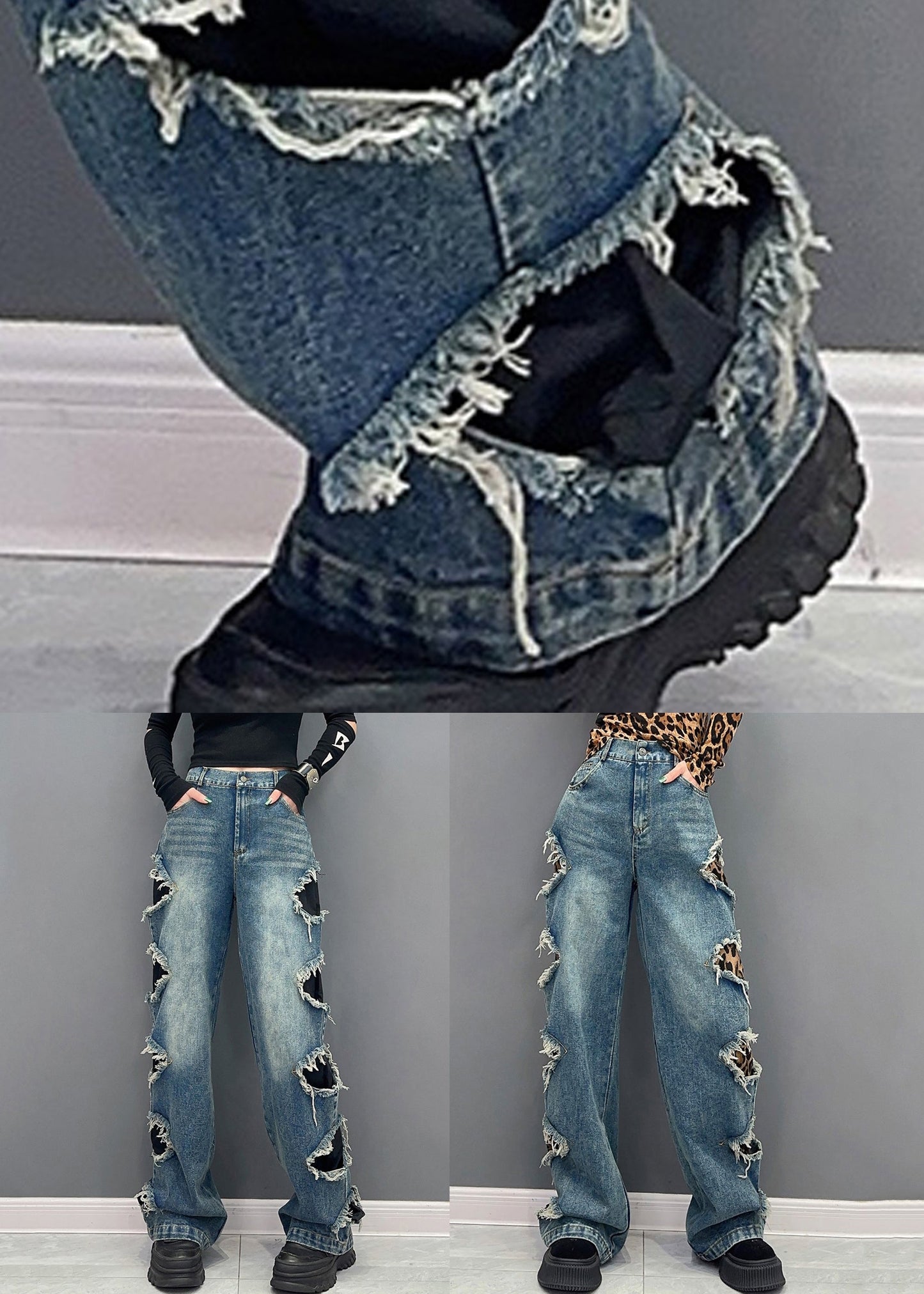 Black Pockets High Waist Denim Pants Spring