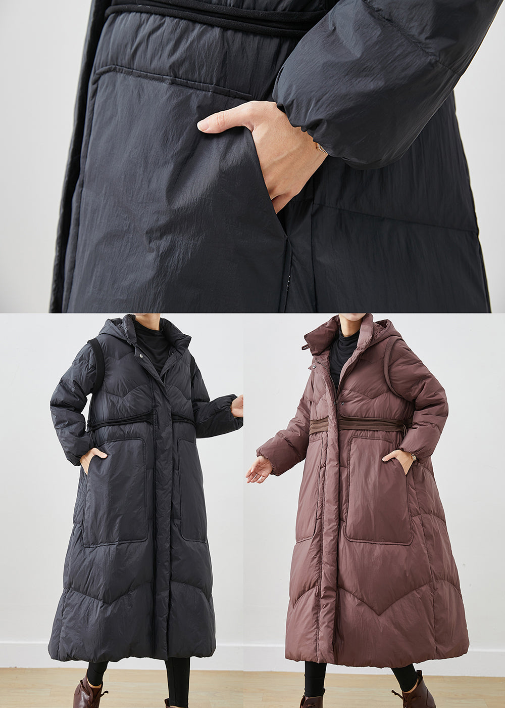 Black Cinched Big Pockets Cotton Blend Down Coat Winter