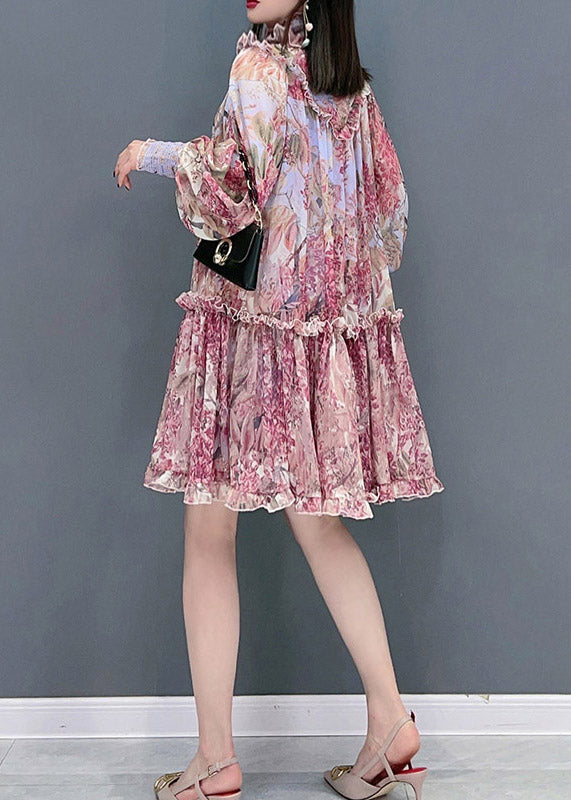 Red Stand Collar Ruffled Print Chiffon Dress Long Sleeve