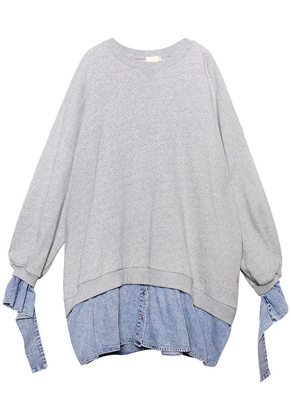 Grey Patchwork Denim Button Fall Sweatshirts Top