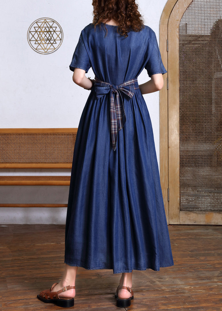 Navy O-neck Bow Tie Waist Silk Cotton Denim Maxi Dresses Short Sleeve