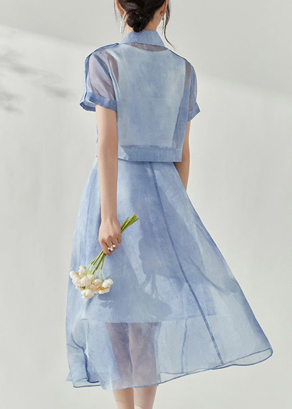Stylish Blue Peter Pan Collar Button Tulle Shirts and Maxi Skirts Two Piece Set Summer