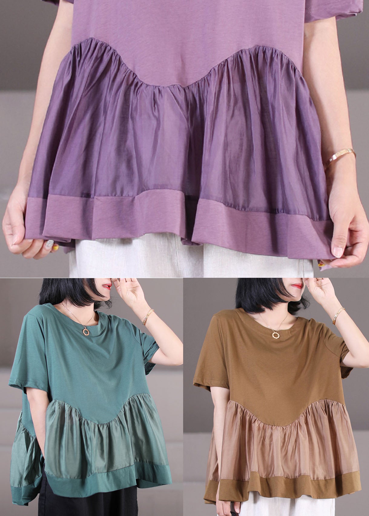 Purple Wrinkled Patchwork Cotton Loose Tank Tops Short Sleeve