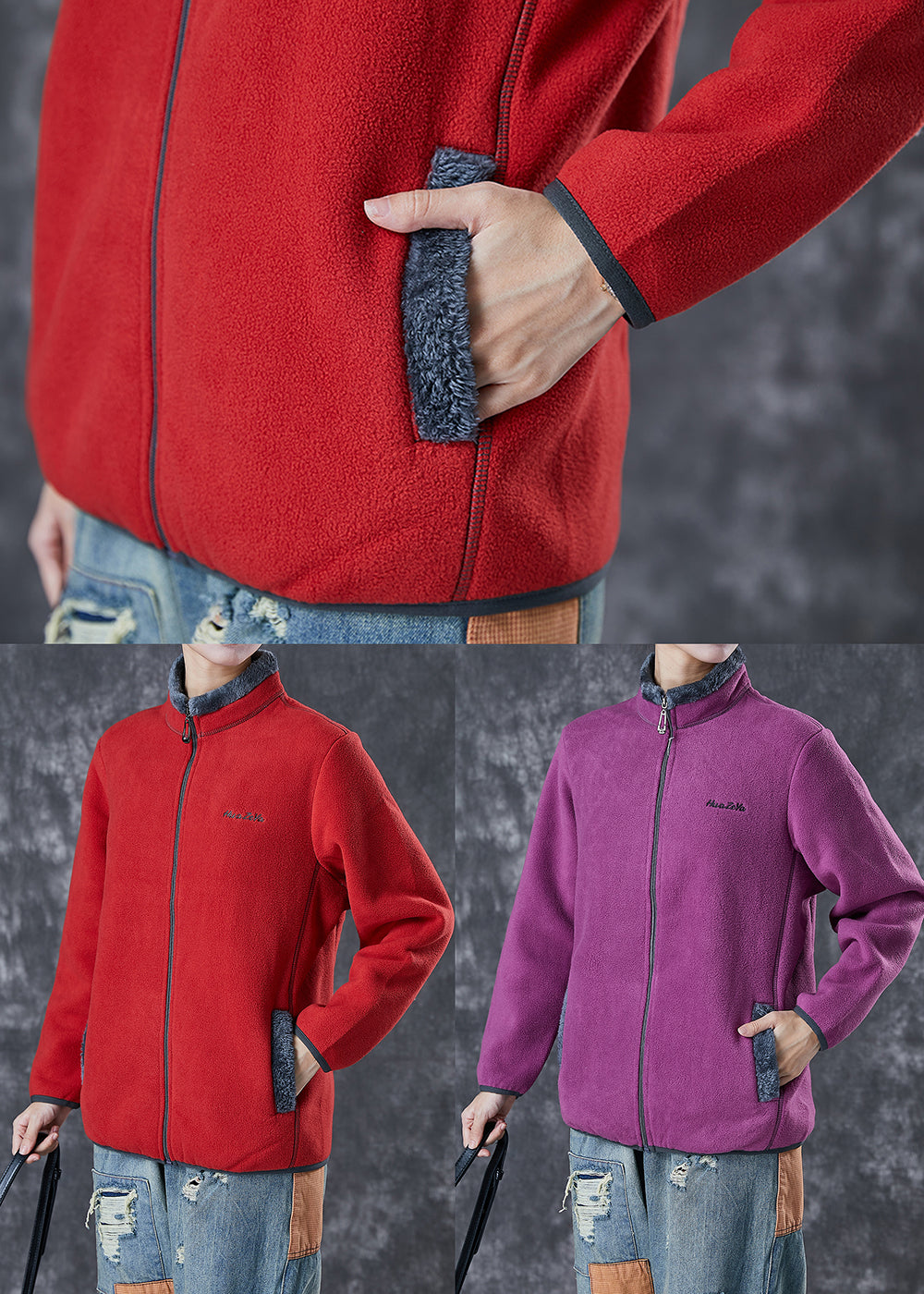 Purple Warm Fleece Jackets Embroideried Winter