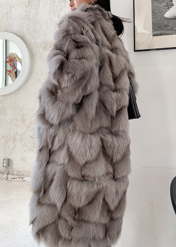 Coffee Fox Collar Pockets Leather and Fur Long Coats Winter