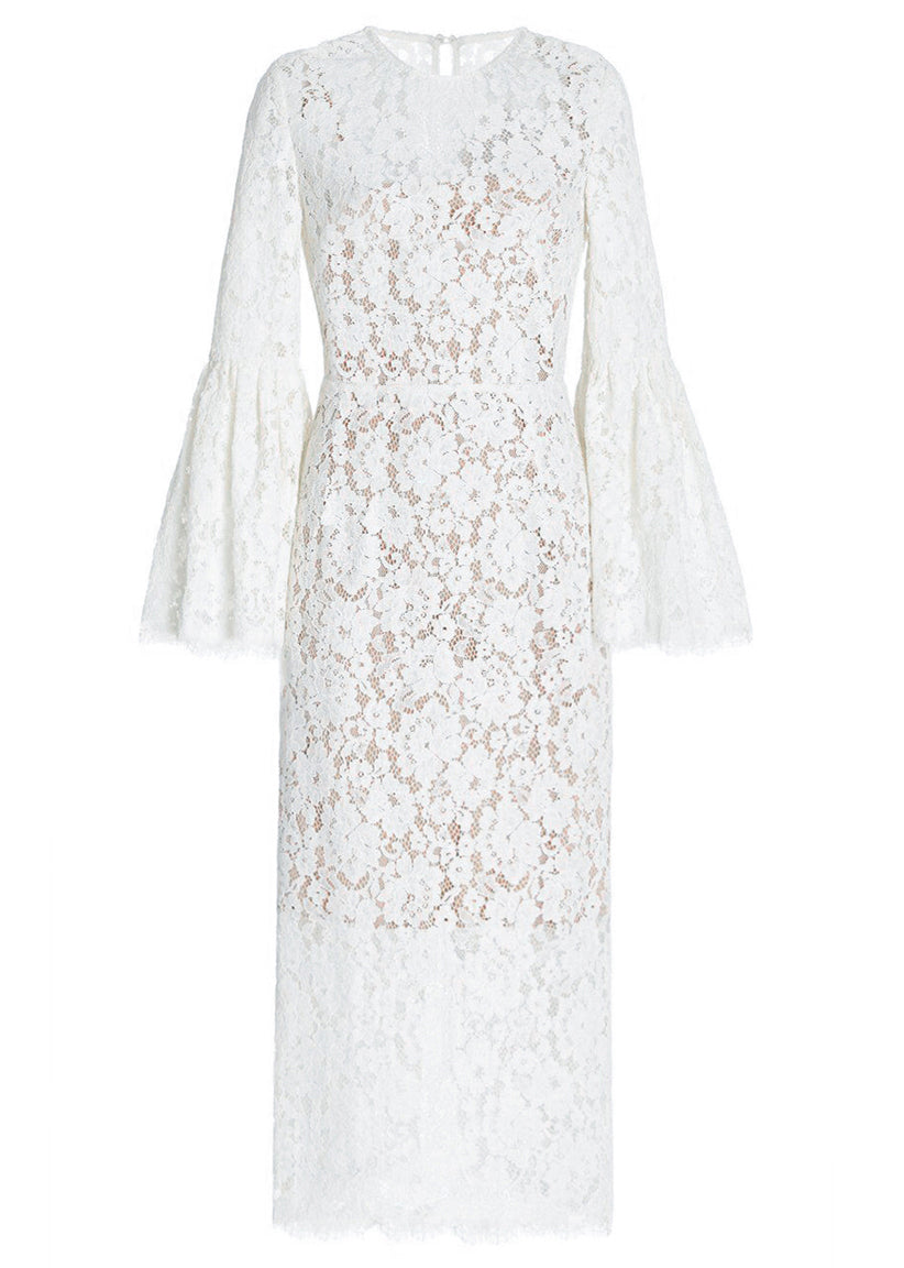 Beige Hollow Out Side Open Lace Dress Flare Sleeve