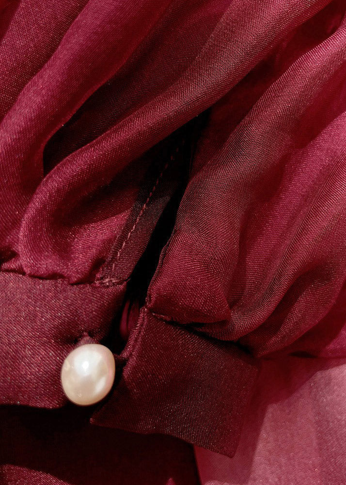 Chinese Style Pink Stand Collar Gradient Color Silk Long Dress Puff Sleeve