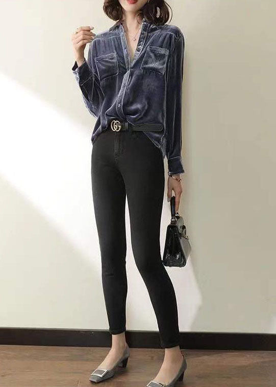 Blue Patchwork Silk Velour Shirt Tops Peter Pan Collar Long Sleeve