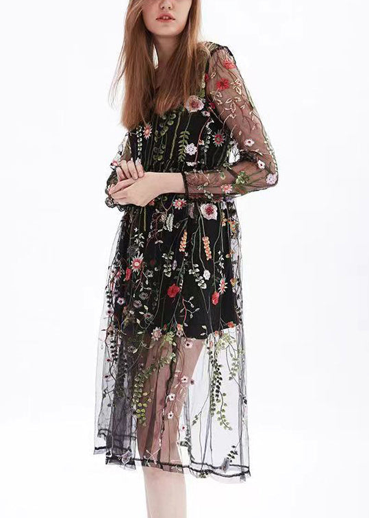 Black O-neck Embroidered Tulle Two Pieces Set Long Sleeve