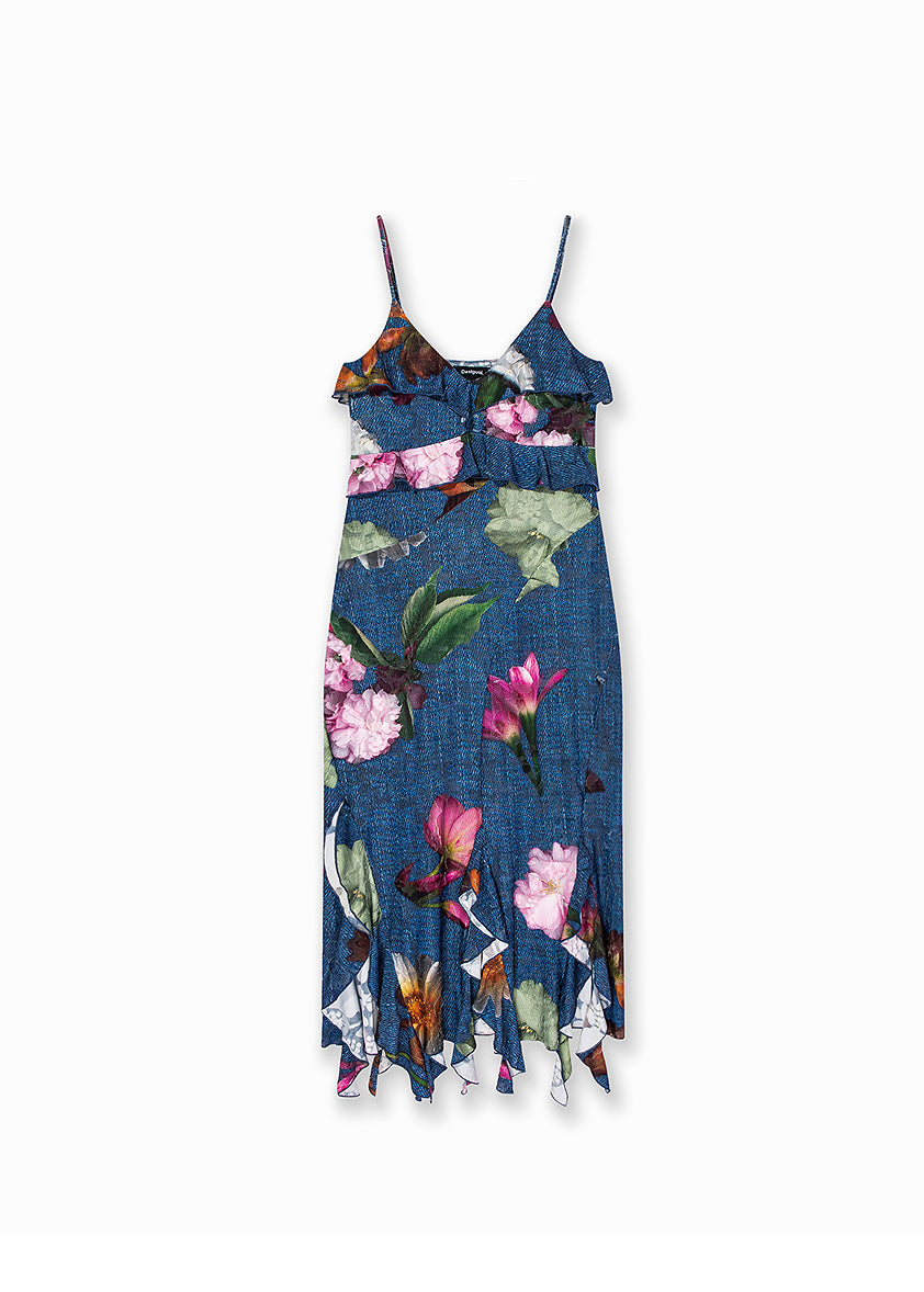 New Blue Ruffled Print Cotton Spaghetti Strap Dress Summer