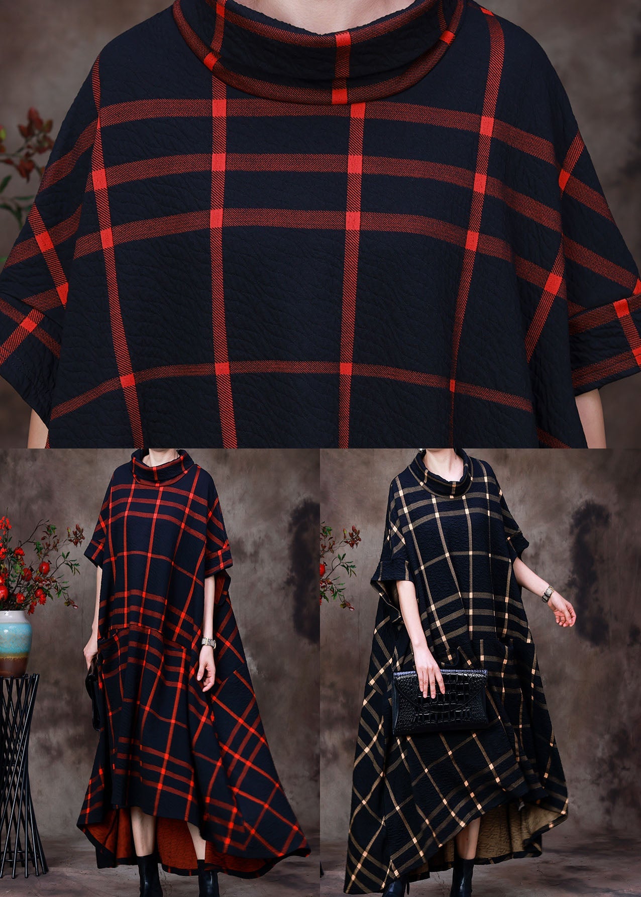 Orange Stand Collar Plaid Cotton Holiday Dress Short Sleeve
