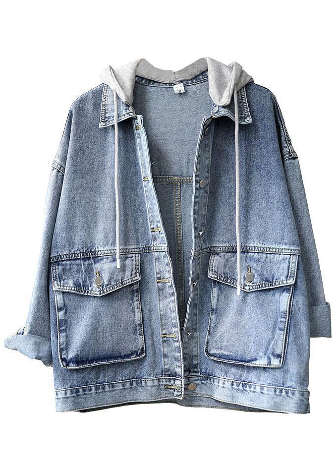Light Denim Hooded Pockets Button Fall Long Sleeve Coat