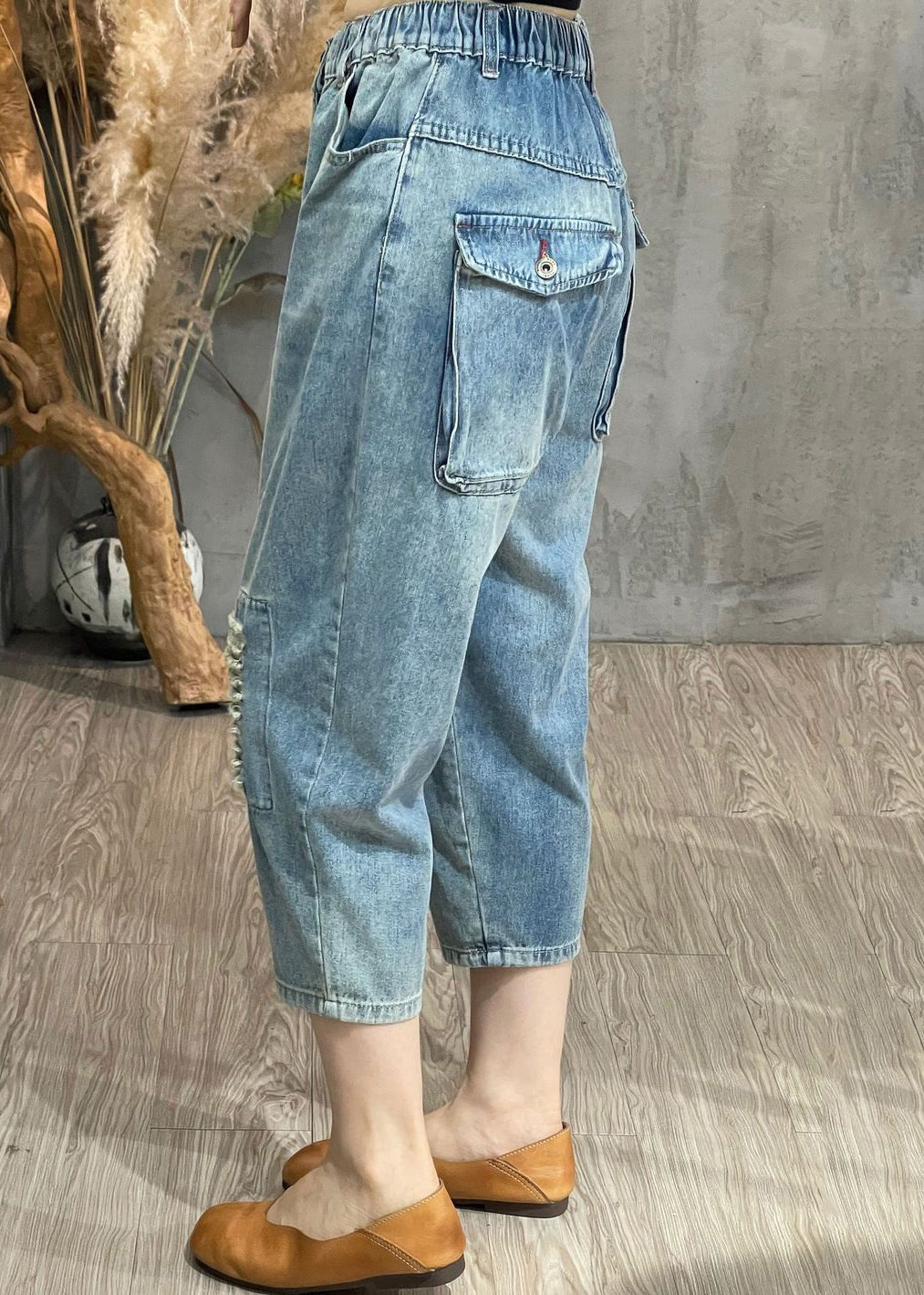 New Light Blue Hole Pockets Elastic Waist Denim Crop Pants Spring