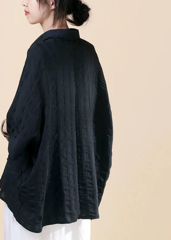 Black Peterpan Collar Button Bat Wing Sleeve Fall Shirt Top