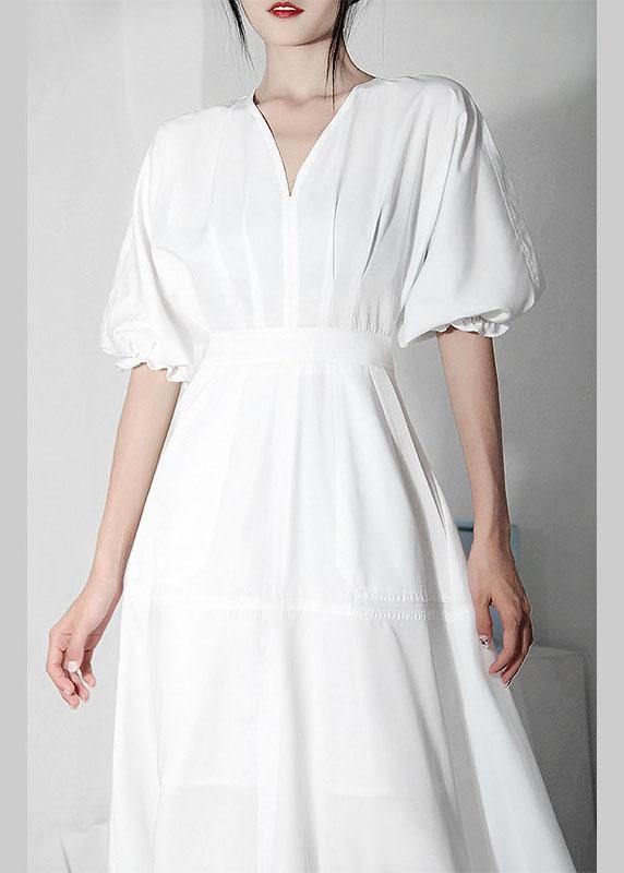 Comfy White V Neck Cotton Lantern Sleeve Summer Dress