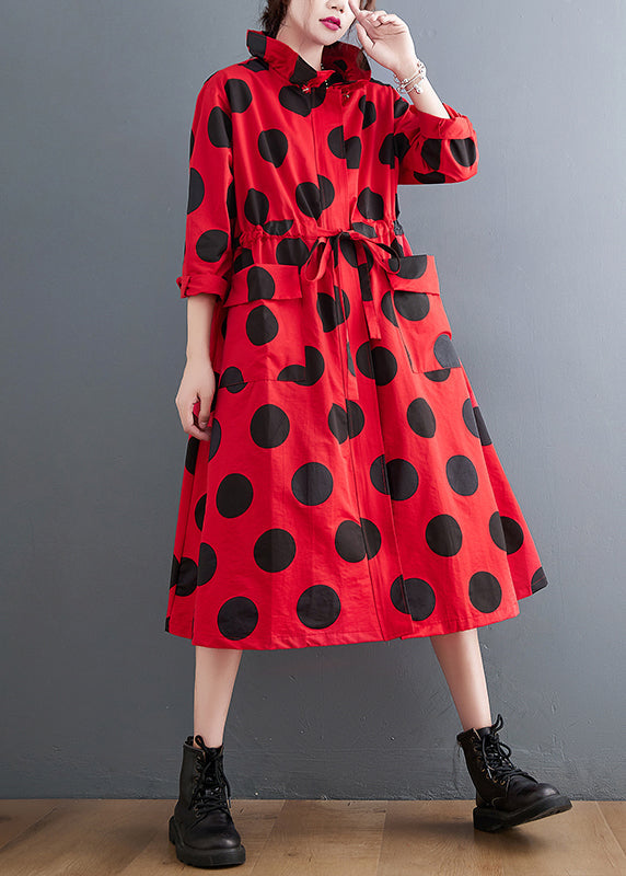 Red Ruffled Pockets Dot Drawstring Cotton Coats Spring
