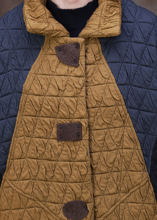 Yellow Stand Collar Patchwork Button Removable Cotton Maxi Coats Long Sleeve