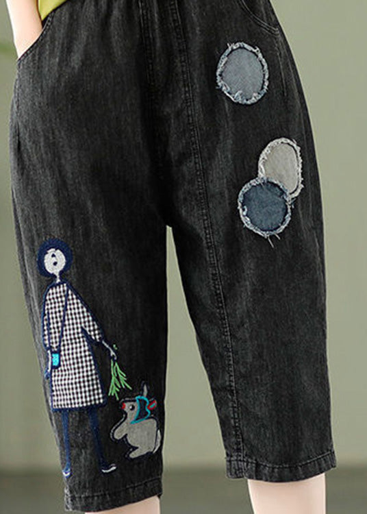 Blue Embroidered Print Elastic Waist Denim Crop Pants Summer