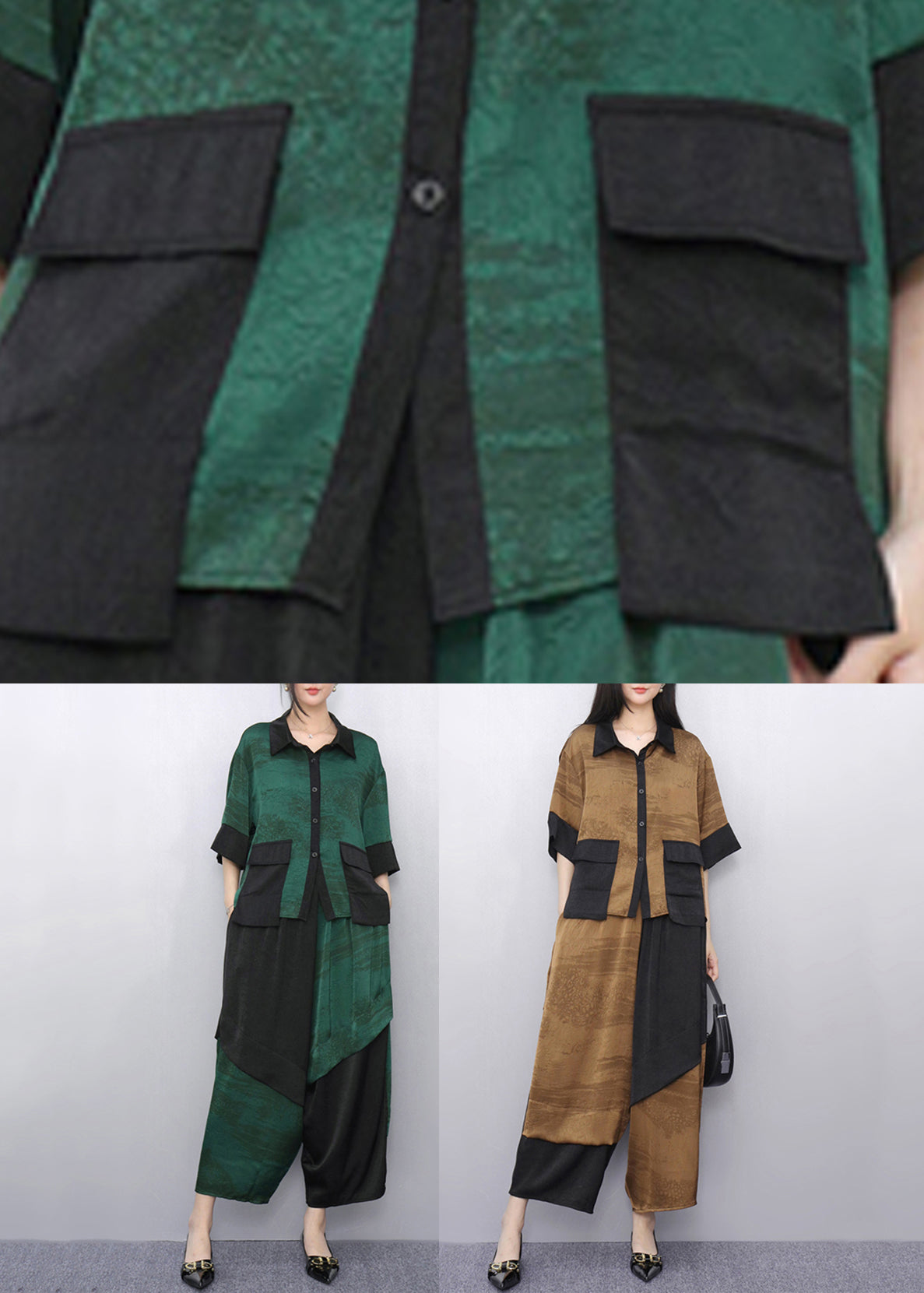 Green Peter Pan Collar Top and Wide Leg Pants Two Pieces Set Summer