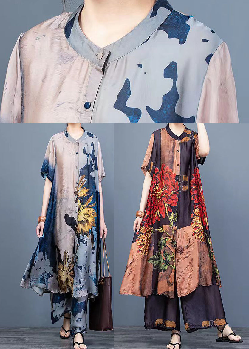 Blue Stand Collar Draping Print Silk Long Shirt and Wide Leg Pants Two Piece Suit Set Summer