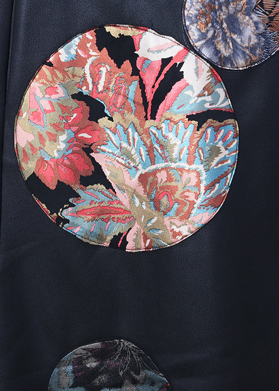 Organic Black Stand Collar Embroideried Button Silk Trench Coats Long Sleeve