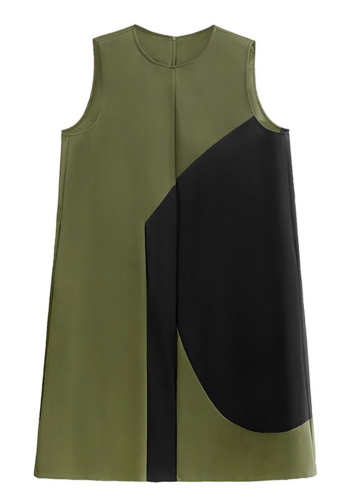 Style Army Green O-neck Patchwork Zippered Party Long Waistcoat Dress Spring
