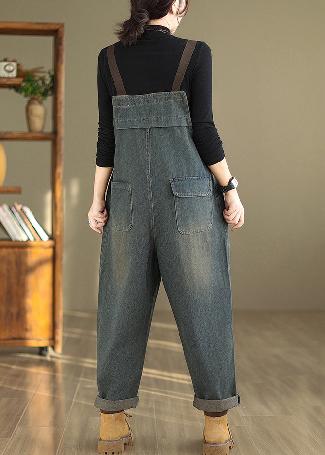 Blue Pockets High Waist Denim Jumpsuit Fall