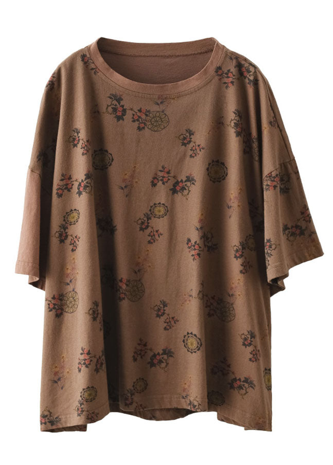 Dark Chocolate O-neck Oversized Print Cotton Tanks Short Sleeve