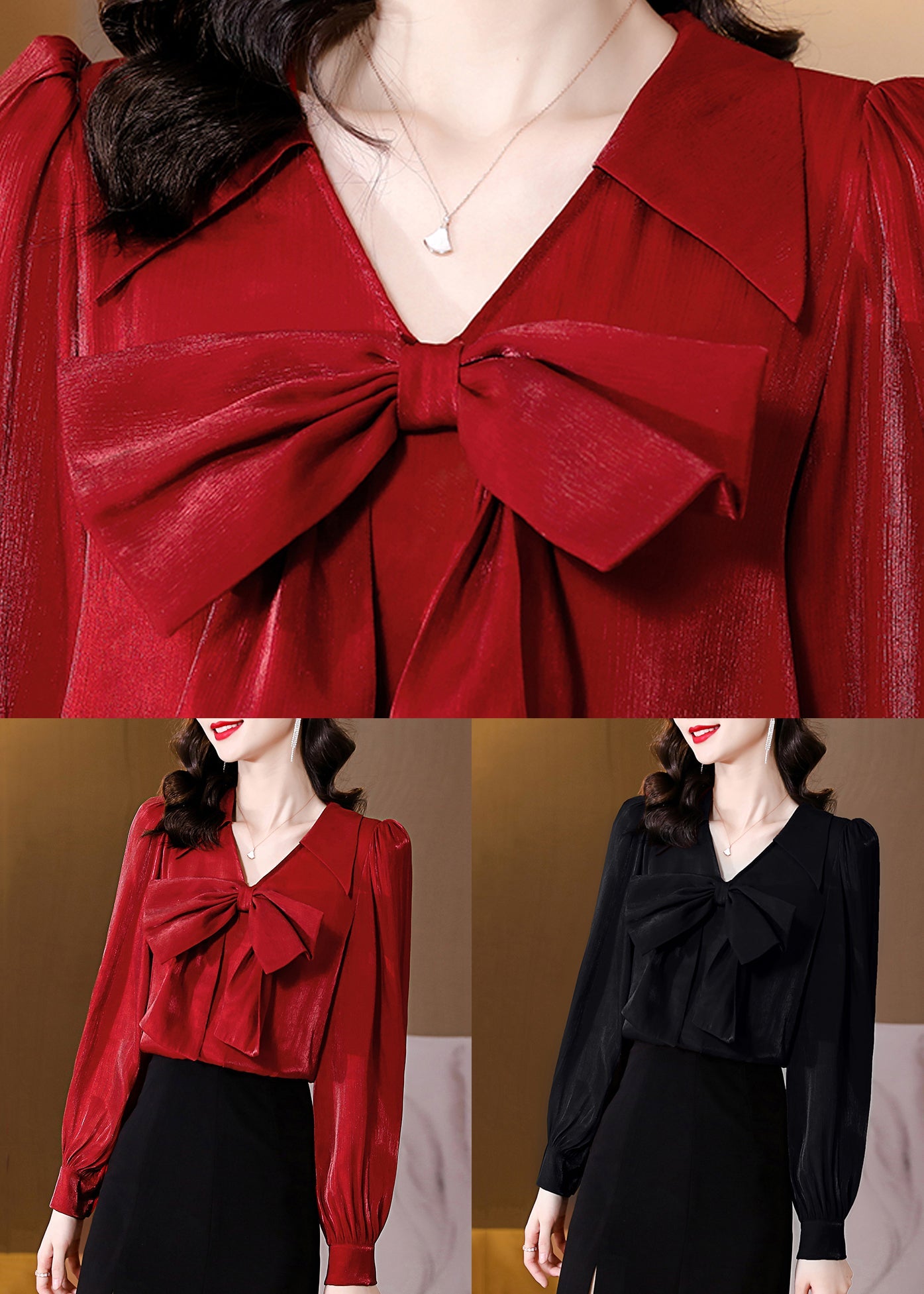 Novelty Red Bow Silk Shirt Spring