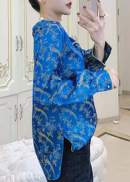 Unique Blue O-neck Side Open Jacquard Patchwork Silk Tops Spring