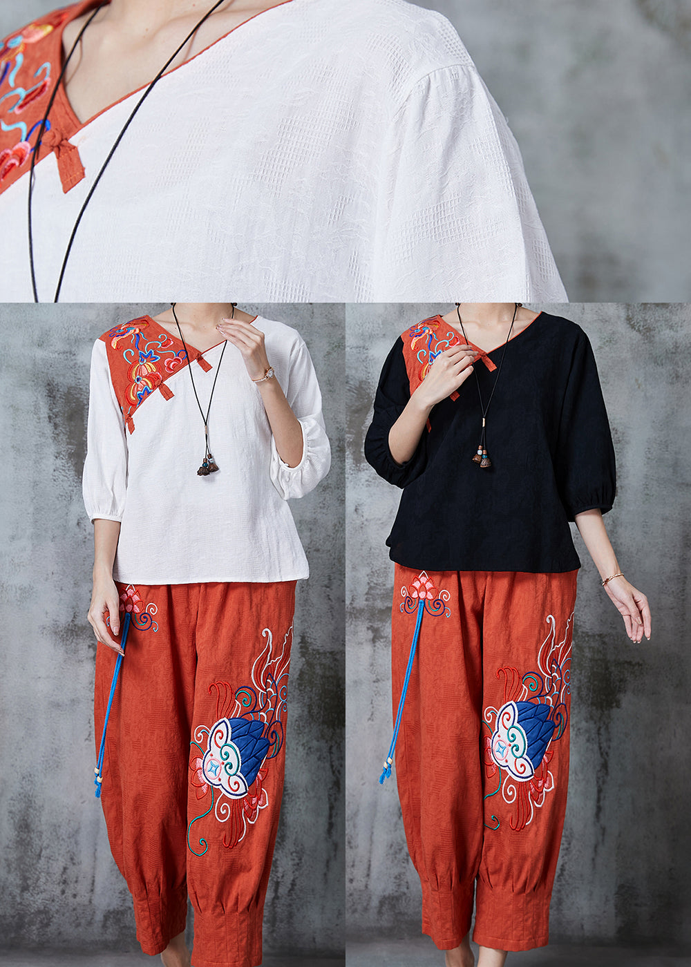 White Oriental Linen Two Piece Set Clothing Embroidered Summer
