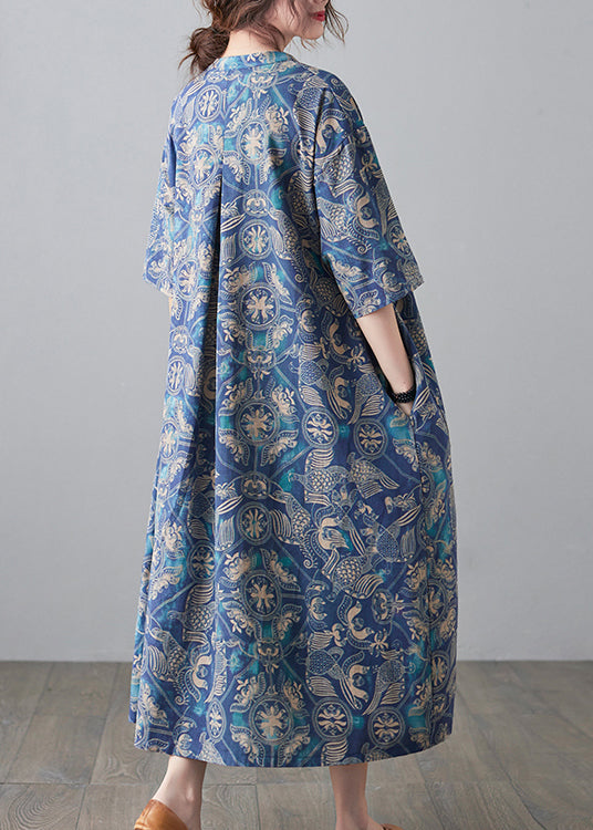 Blue Stand Collar Lace Up Print Linen Dresses Half Sleeve