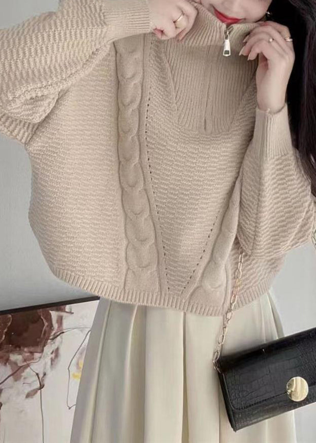 Apricot Turtleneck Zip Up Cotton Knit Sweaters Long Sleeve