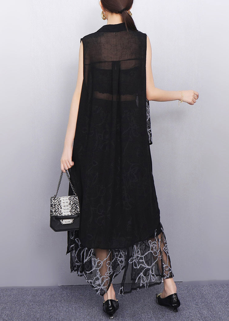 Sheer Black Asymmetrical Chiffon Two Pieces Set Sleeveless