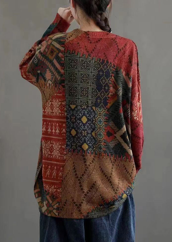 Red O Neck Print Cozy Mink Hair Knitted Sweaters Long Sleeve