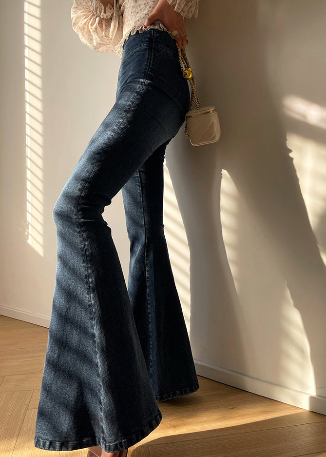 Denim Blue Zippered High Waist Pockets Flares Pants Fall