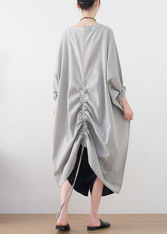 Light Grey Drawstring Asymmetrical Pockets Cotton Tops Batwing Sleeve
