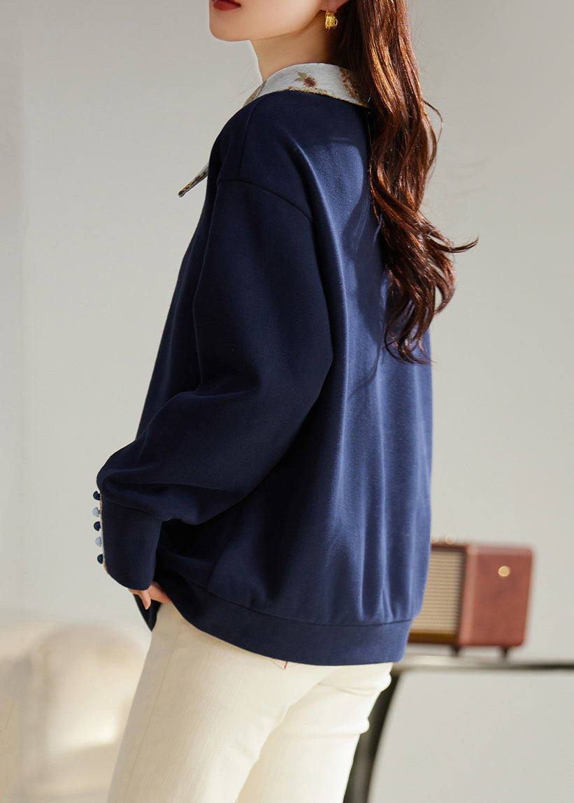 Navy Peter Pan Collar Patchwork Warm Fleece Pullover Tops Winter