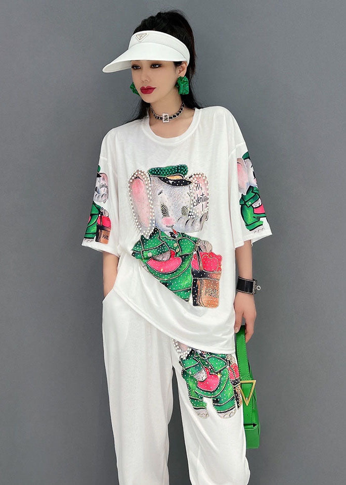Handmade White O-neck Elephant Print Cotton Sweatshirt Two Pieces Set Short Sleeve