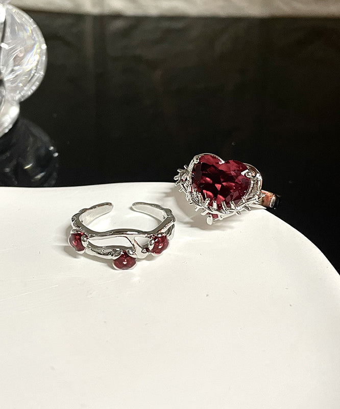Diy Red Stainless Steel Zircon Rose and Love Rings Two Piece Set