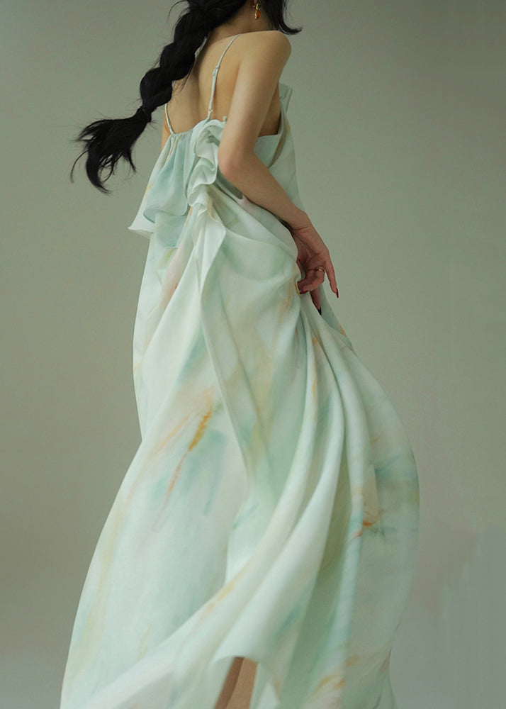Italian Blue Ruffled Print Cotton Spaghetti Strap Dress Sleeveless