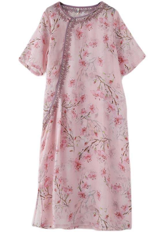 Stylish Pink Print Oriental Summer Linen Dress