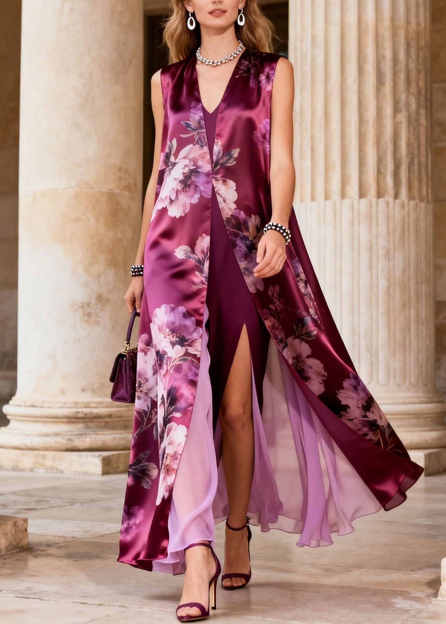 Art Purple V Neck Print False Two Pieces Chiffon Dresses Sleeveless