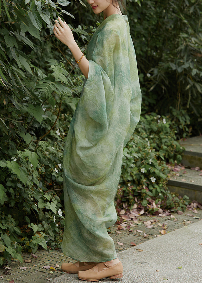 Green V Neck Print Linen Two Pieces Set Batwing Sleeve