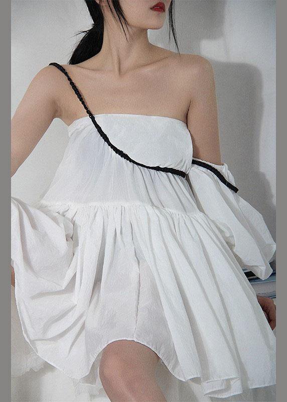 White Asymmetrical Design Puff Sleeve Cold Shoulder Cotton Spaghetti Strap Dress
